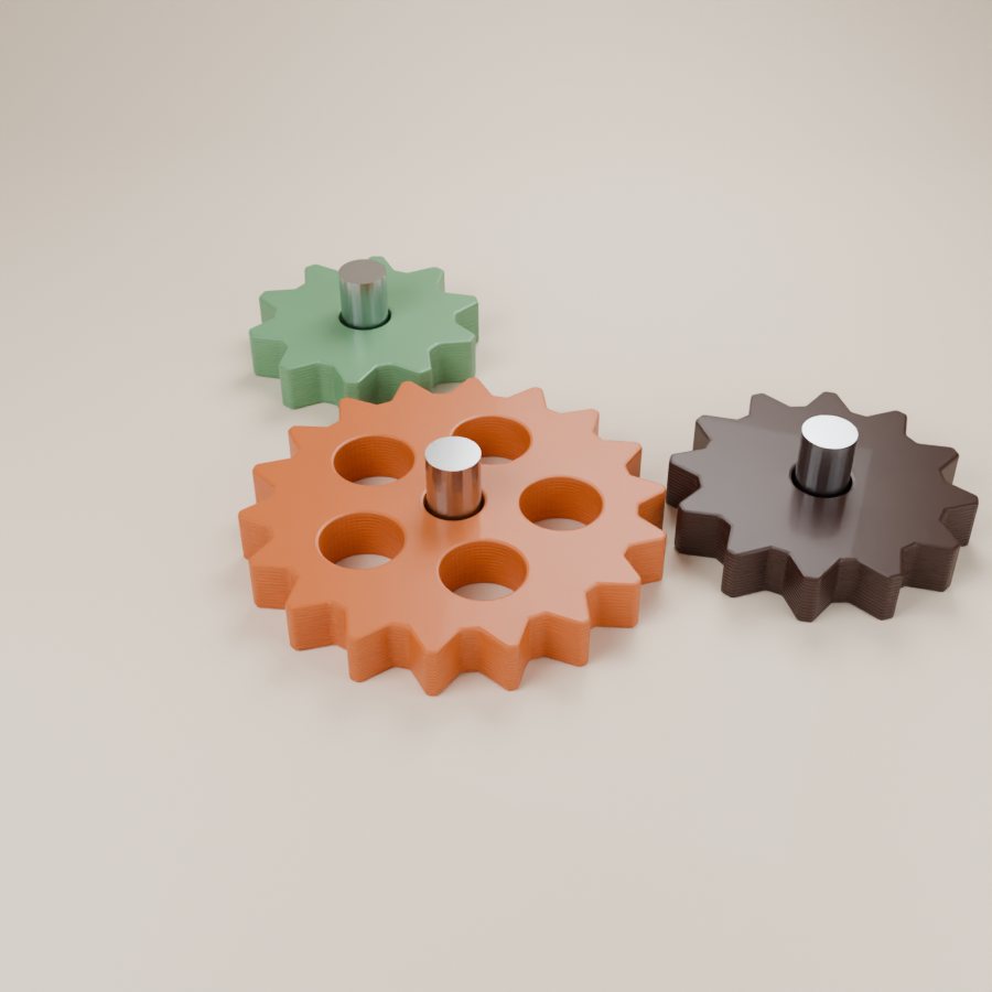 Three interlocking 3D printed gears in different colours