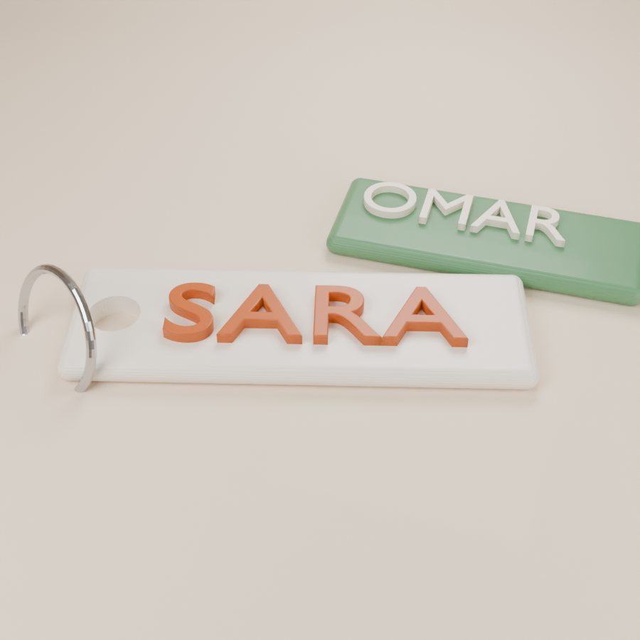 Two personalised name keychains reading SARA and OMAR
