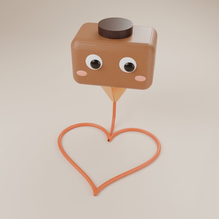 Noz, a cute 3D-printer-nozzle mascot, drawing a heart with filament