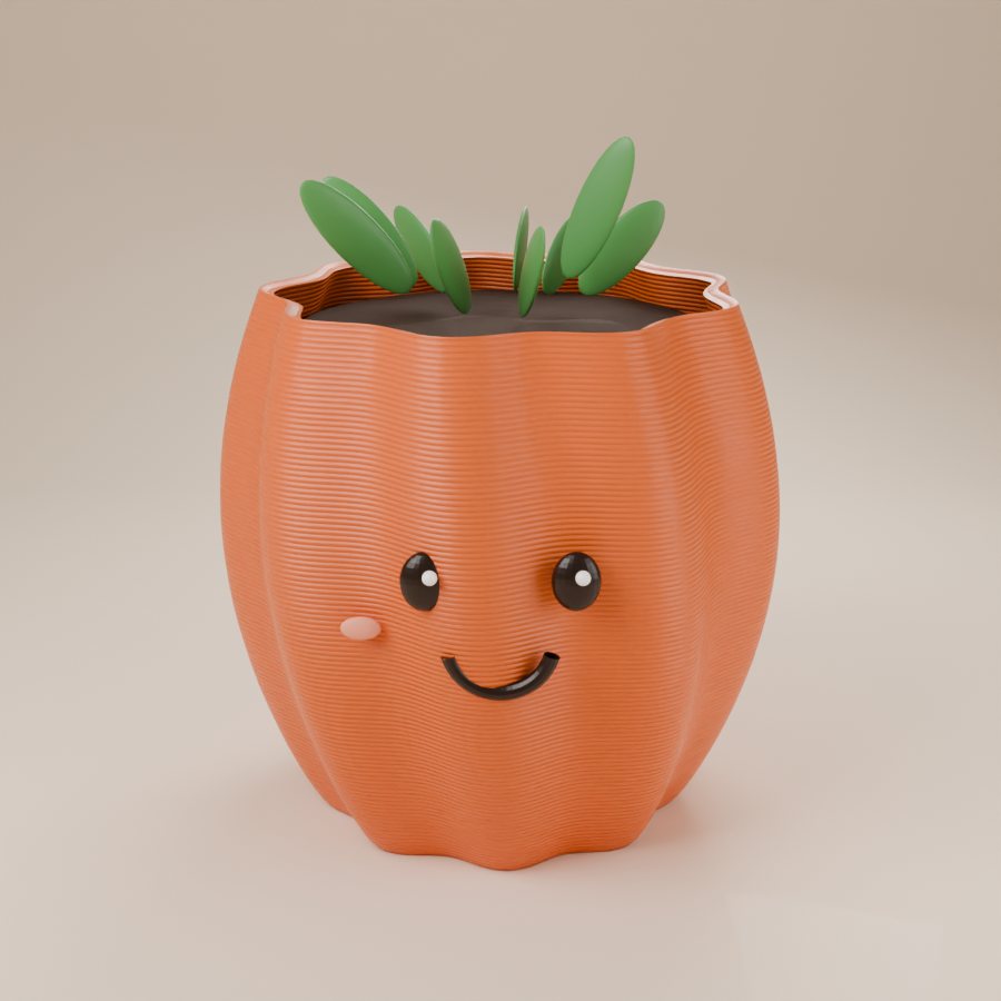 A smiling orange 3D printed plant pot holding a green plant